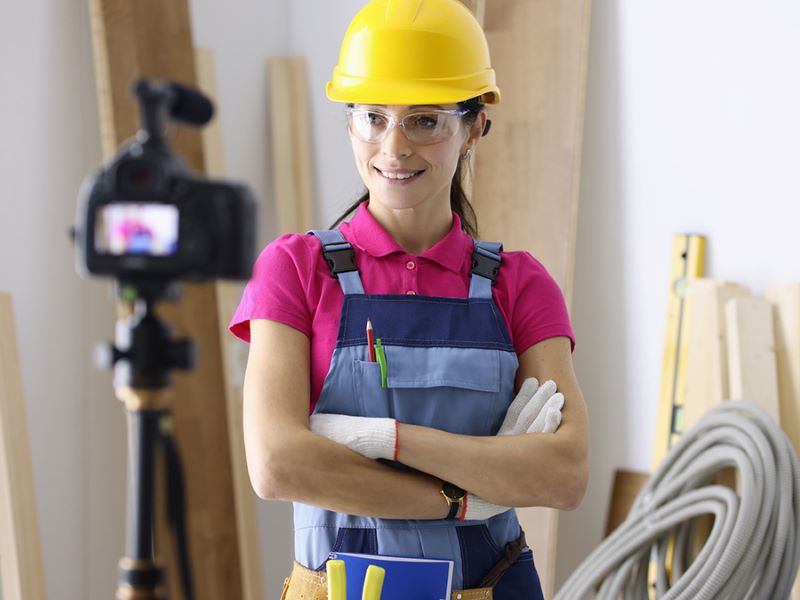 Woman in hard hat showing proud stance